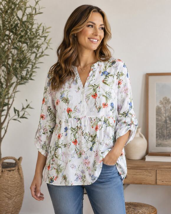 JNY Jones New York Tops - JNY Jones New York 2X Linen Blend Floral Peplum Blouse Roll Tab Sleeves White